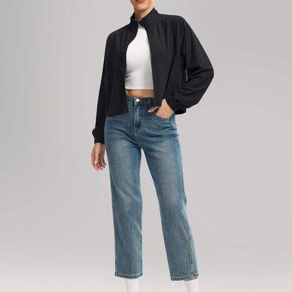 Women's Black Lightweight Cropped Athletic Jacket with UPF 50+ and Full Zip for - Picture 7 of 8